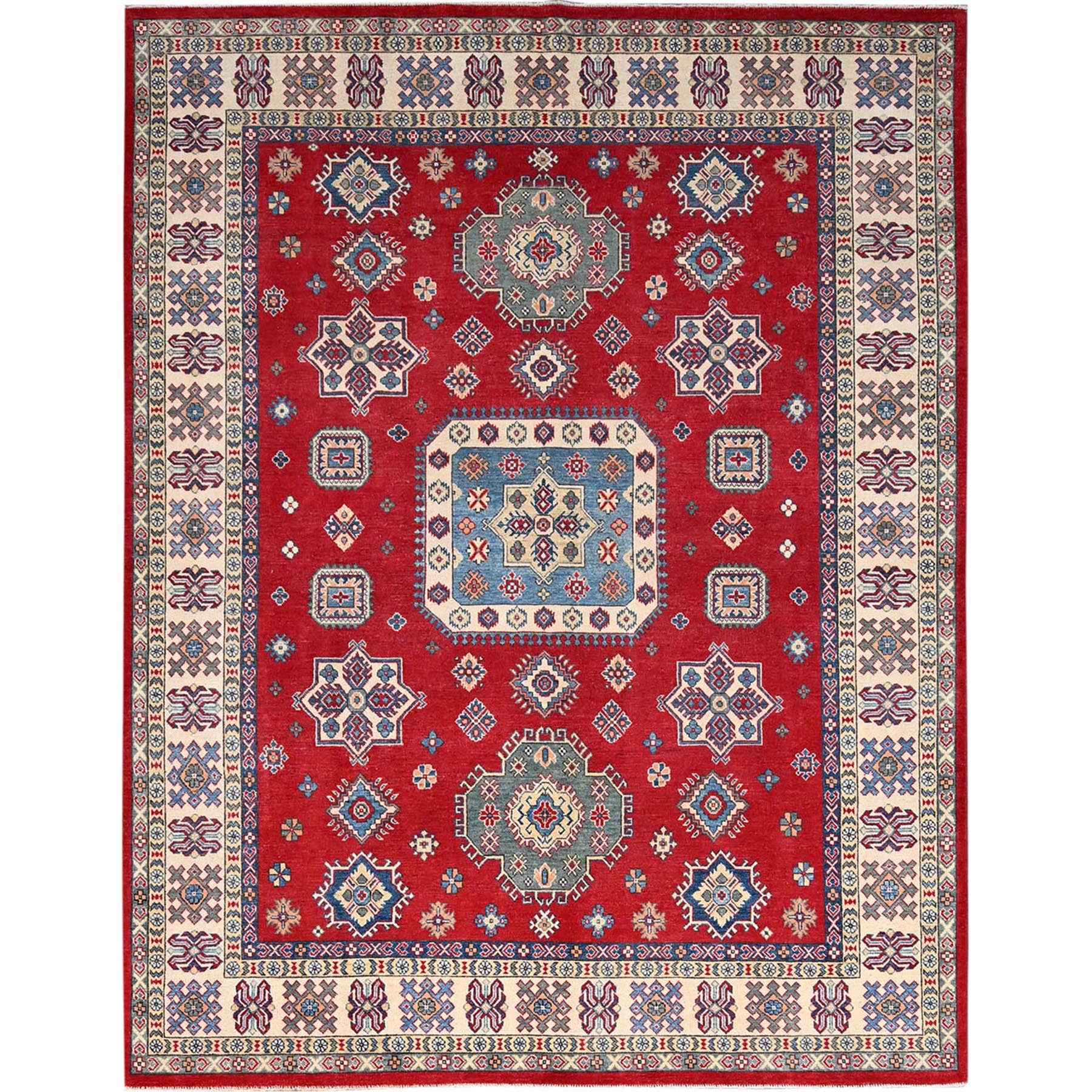 Crimson Red Denser Weave Hand Knotted  Kazak With Tribal Medallion Design Soft And Shiny Wool, Organic Dyes, Oriental Rug